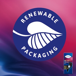 El paquete de cartón de los protegeslips TENA Silhouette está fabricado con fibras 100 % de origen renovable.