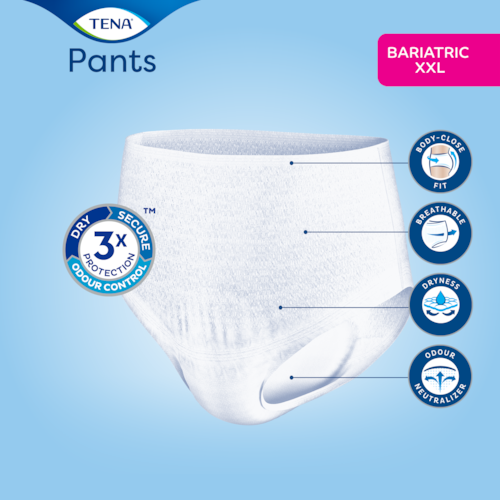 Kroppsnær tilpasning med pustende materiale og luktnøytraliserer – TENA absorberende Pants Bariatricl