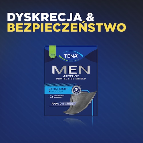 Opakowanie wkładek TENA Men na granatowym tle z napisem "Masz kontrolę".