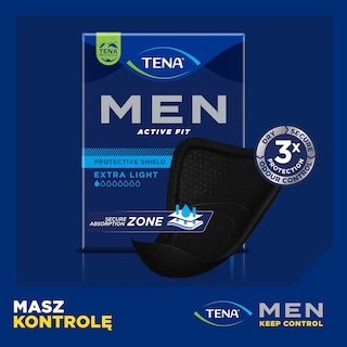 Opakowanie TENA Men Active Fit z ochronną wkładką, zapewniającą potrójną ochronę przed wilgocią i nieprzyjemnym zapachem.