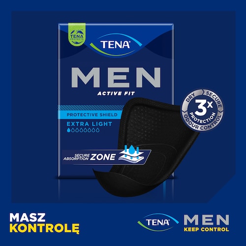 Opakowanie TENA Men Active Fit z ochronną wkładką, zapewniającą potrójną ochronę przed wilgocią i nieprzyjemnym zapachem.