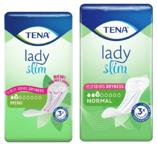 Balenie TENA Lady Slim Mini a balenie TENA Lady Slim Normal stoja vedľa seba.  