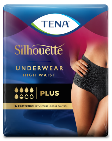 TENA Silhouette Plus Noir – svarta och eleganta absorberande engångsunderkläder för kvinnor 