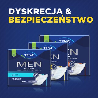 Opakowanie wkładek TENA Men na granatowym tle z napisem "Masz kontrolę".