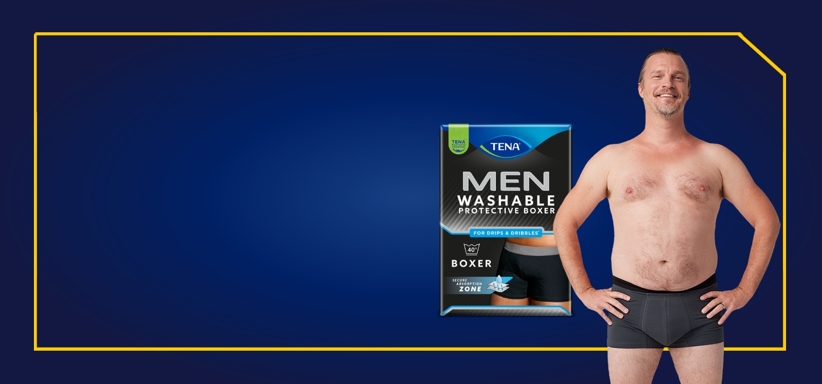 A confident, relaxed 50+ man poses in TENA pants. 
