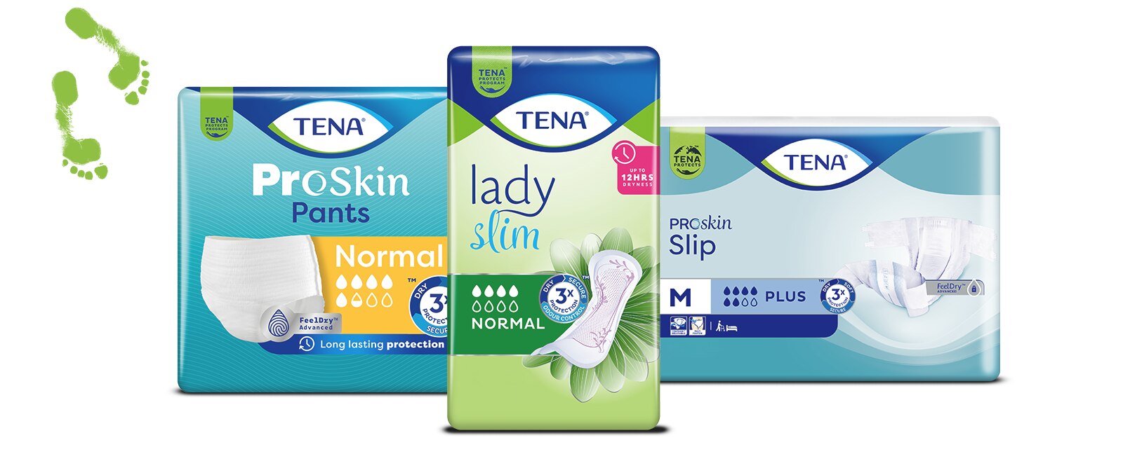 Opakowania produktów TENA: TENA Lady, bielizny chłonnej TENA Lady oraz TENA ProSkin Comfort