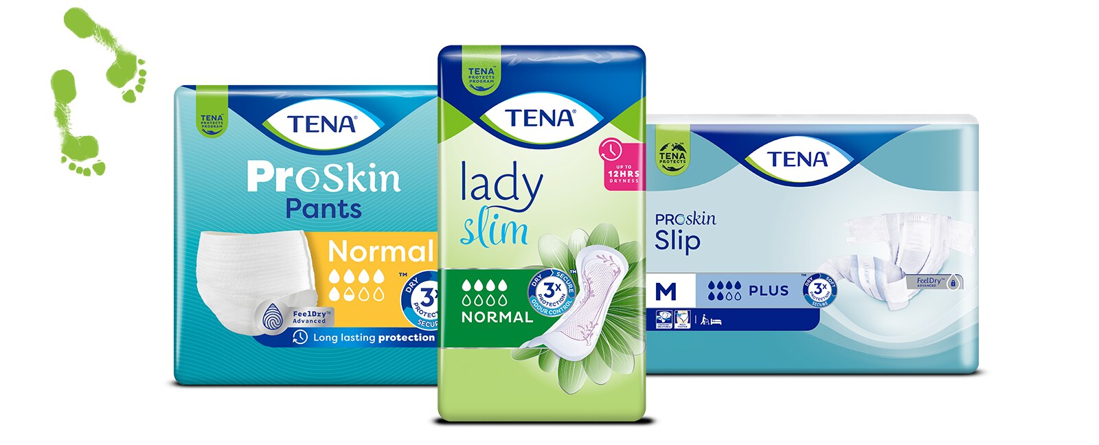 Opakowania produktów TENA: TENA Lady, bielizny chłonnej TENA Lady oraz TENA ProSkin Comfort