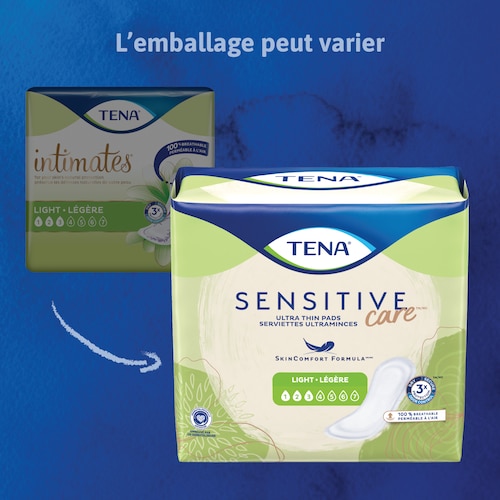 Les emballages de serviettes TENA Sensitive Care<sup>MC</sup> ultraminces de longueur régulière peuvent varier