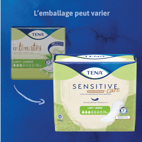 Les emballages de serviettes TENA Sensitive Care<sup>MC</sup> ultraminces à absorption légère peuvent varier