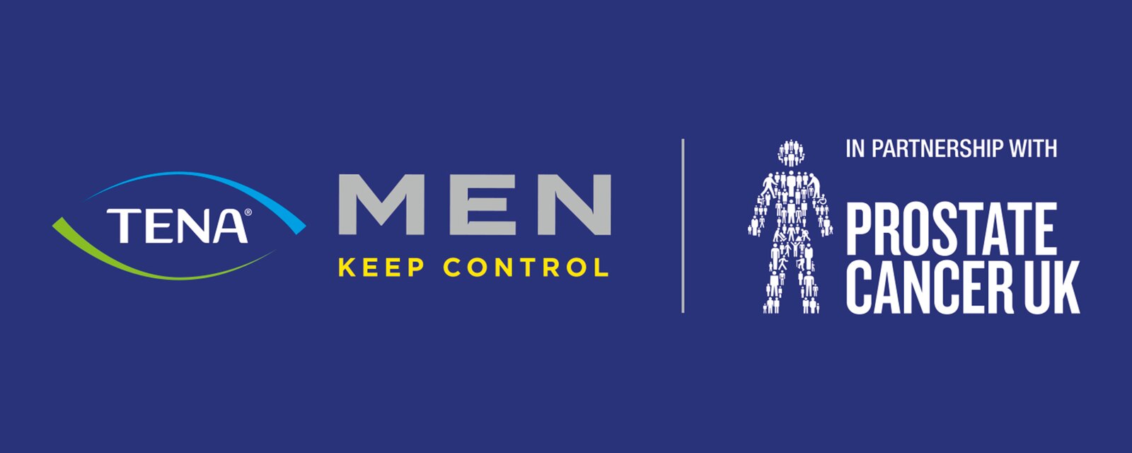 TENA Men and Prostate Cancer UK logos combined on a dark blue background