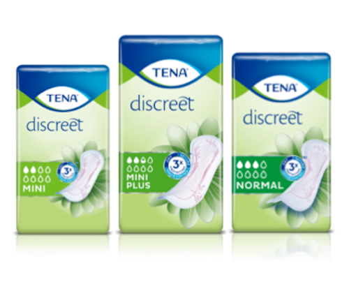 Emballages de TENA Mini, TENA Mini Plus et TENA Normal ensemble.  