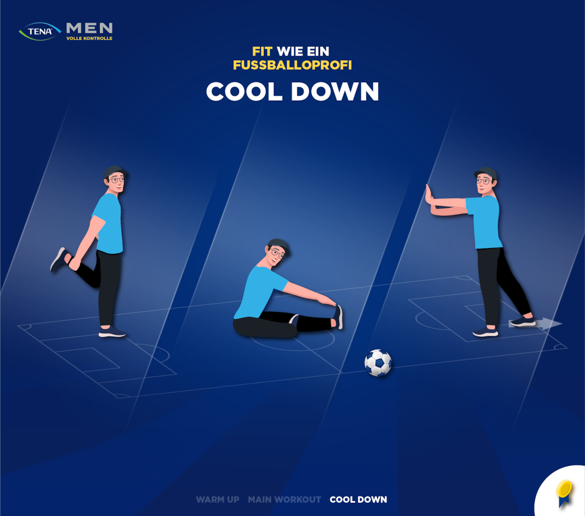 Illustration von drei Männern in Sportkleidung, die Dehnübungen machen: Hamstring-Dehnung, Quadrizeps-Dehnung, Waden-Dehnung.
