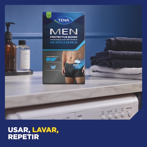 Póntelos, lávalos, vuélvelos a usar. Lava la ropa interior lavable TENA Men para la incontinencia a 40 °C