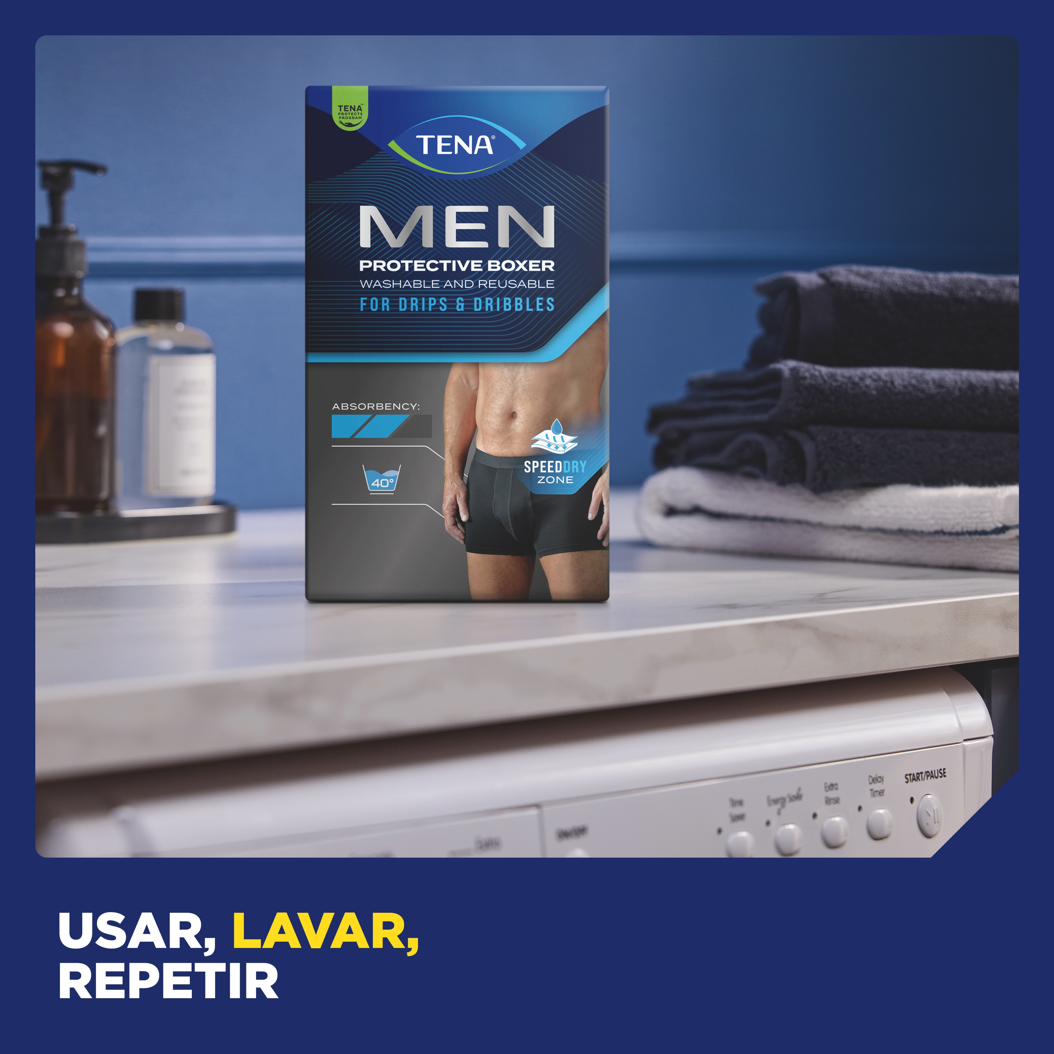 Póntelos, lávalos, vuélvelos a usar. Lava la ropa interior lavable TENA&nbsp;Men para la incontinencia a 40&nbsp;°C