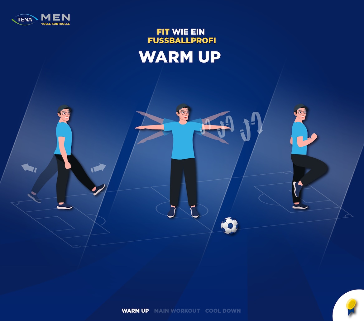 Illustration eines Mannes beim Aufwärmen mit Armkreisen, Beinheben und Knieheben vor blauem Hintergrund mit Text 'Fit wie ein Fußballprofi: Das optimale Warm Up.