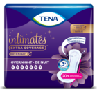 Un emballage de serviettes d’incontinence de nuit extracouvrantes TENA Intimates Extra Coverage🅪 sur un fond bleu 