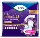 A pack of TENA Intimates Extra Coverage Overnight incontinence pads against a blue background 