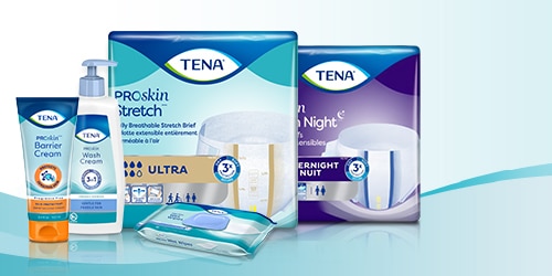 TENA ProSkin Stretch Protective Underwear, TENA ProSkin Overnight Super Protective Underwear, TENA Proskin Wash Cream, TENA ProSkin Barrier Cream, and TENA ProSkin Wet Wipes.