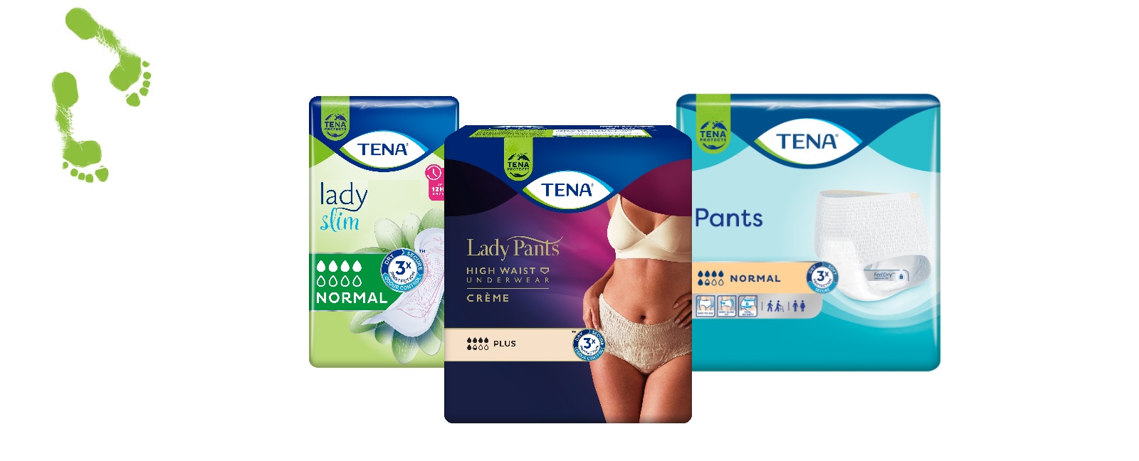 TENA Lady Pants inkontinencia fehérnemű, TENA Lady Slim betét és TENA Pants Normal termékképe