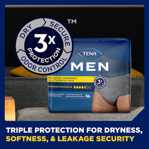 TENA Men Protective Underwear Maximum provides Triple protection for dryness, softness and leakage security