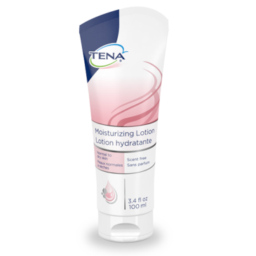 Lotion hydratante TENA sans parfum dans un tube pratique — idéale pour les peaux sèches et fragiles en soins d’incontinence.