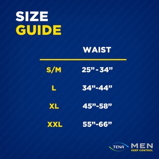 Size guide for TENA Men Protective Underwear, showing various sizes including Small/Medium (Waist: 28-34 inches), Large (Waist: 34-44 inches), Extra Large (Waist: 45-58 inches), Double Extra Large (Waist: 55-66 inches). 