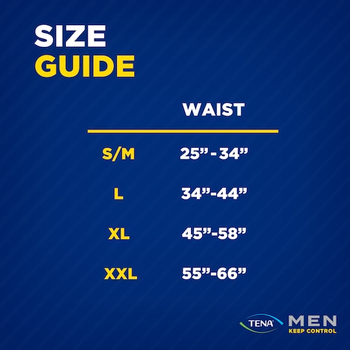 Size guide for TENA Men Protective Underwear, showing various sizes including Small/Medium (Waist: 28-34 inches), Large (Waist: 34-44 inches), Extra Large (Waist: 45-58 inches), Double Extra Large (Waist: 55-66 inches). 