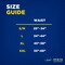 Size guide for TENA Men Protective Underwear, showing various sizes including Small/Medium (Waist: 28-34 inches), Large (Waist: 34-44 inches), Extra Large (Waist: 45-58 inches), Double Extra Large (Waist: 55-66 inches). 