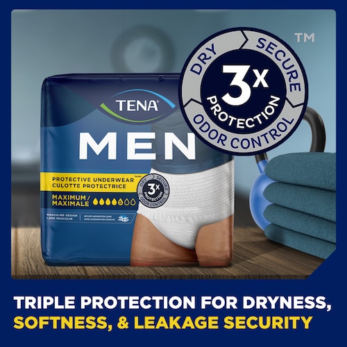 TENA Men Protective Underwear Maximum provides Triple protection for dryness, softness and leakage security