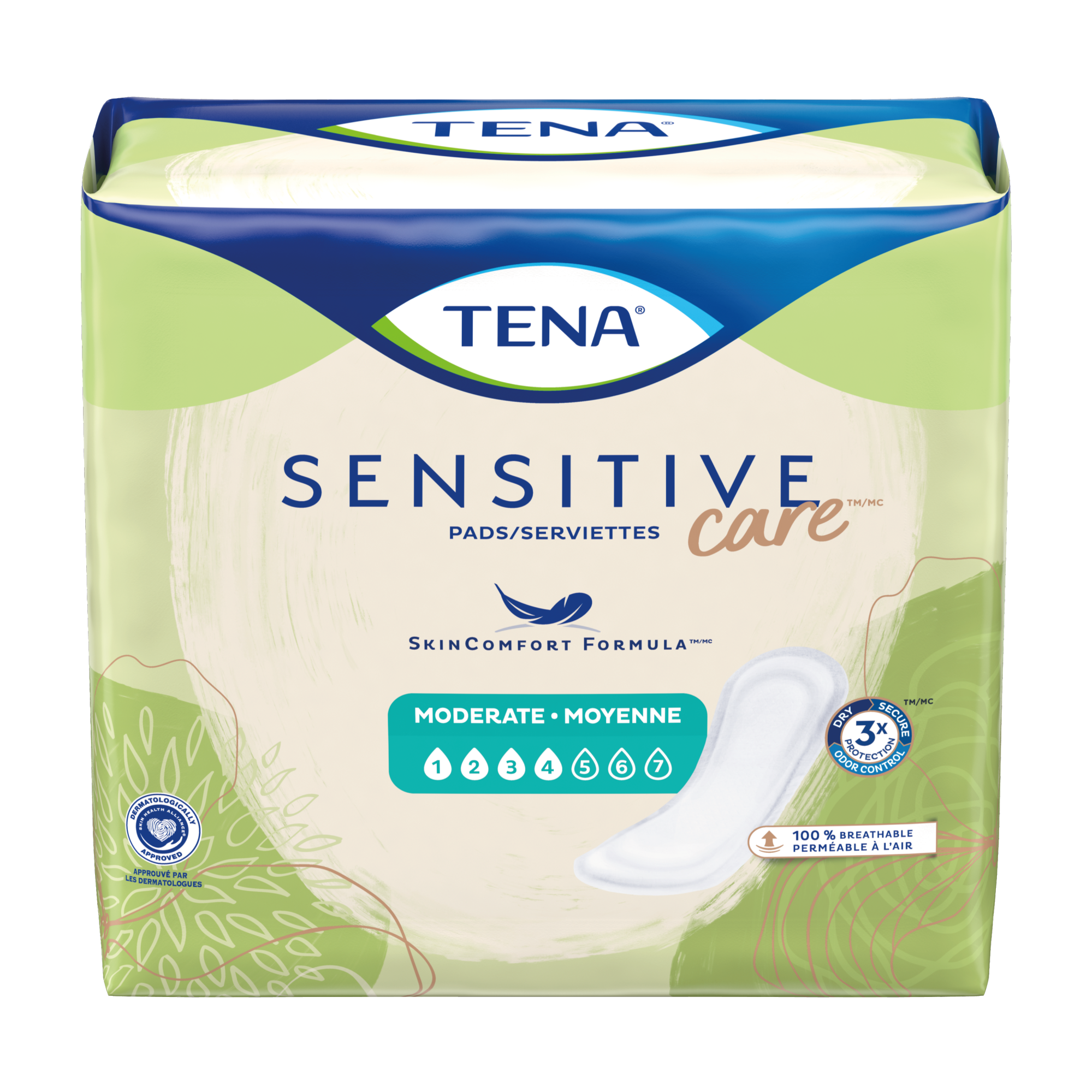 Vue-de-face-d-un-emballage-TENA-Sensitive-Care-a-absorption-moyenne-de-longueur-reguliere
