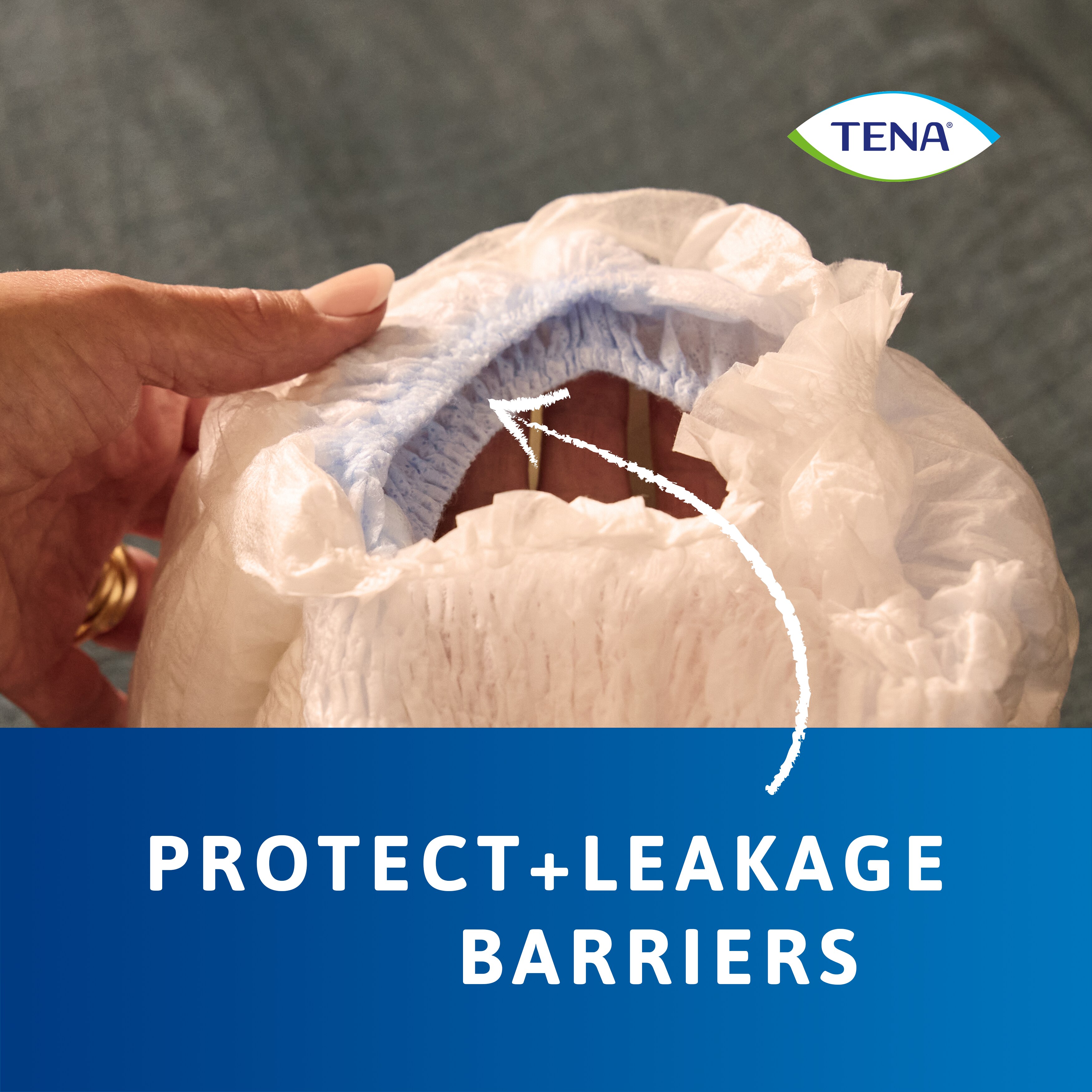 Visualization of the security blue leakage barriers that are present on the TENA Pants protect+