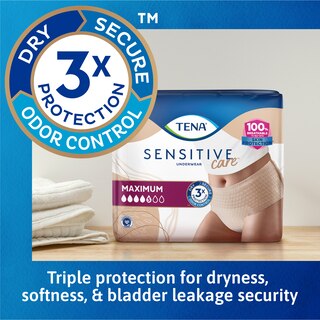 TENA Sensitive care underwear provides triple protection for dryness, softness and bladder leakage security