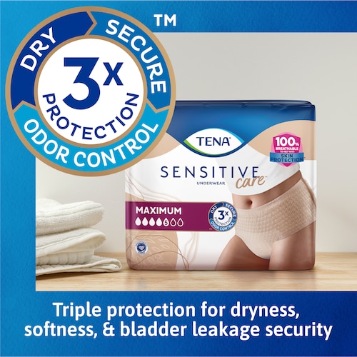 TENA Sensitive care underwear provides triple protection for dryness, softness and bladder leakage security