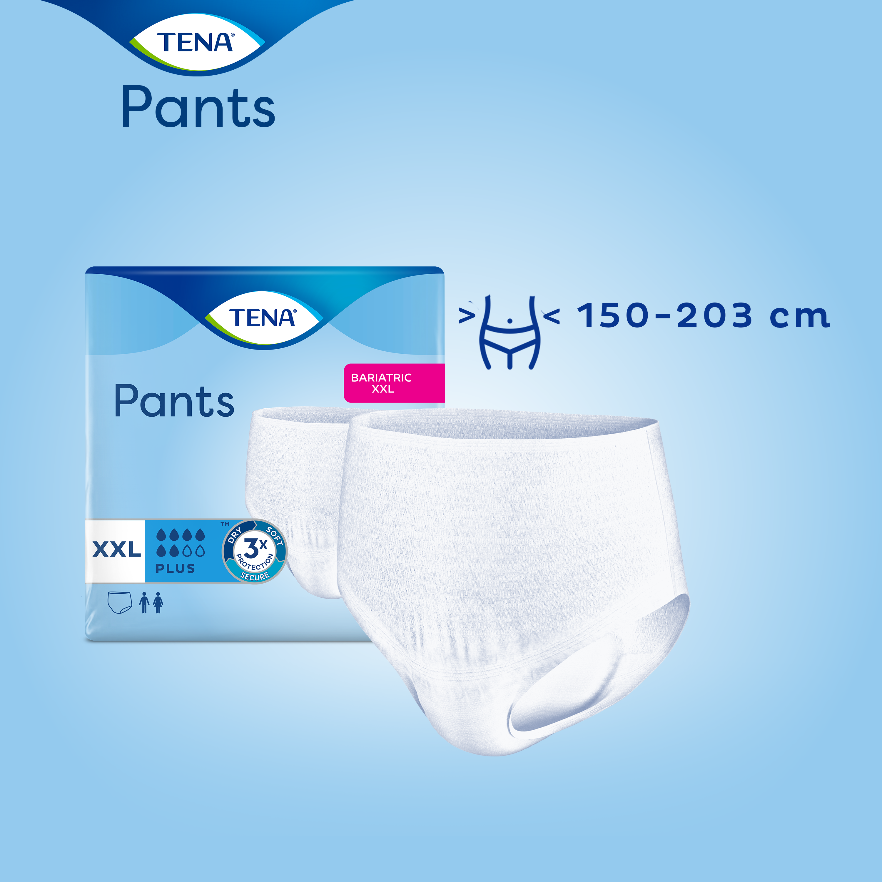 TENA Pants Bariatric Plus är utformat för kliniskt överviktiga personer med ett midjemått på 150–200 cm