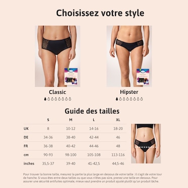 Guide des tailles de TENA Silhouette Culotte absorbante lavable