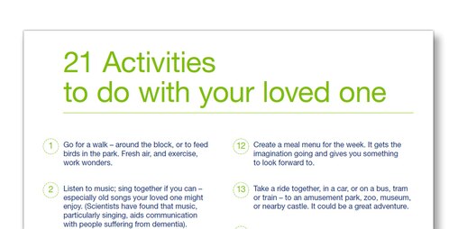 Illustrated list of twenty one activities to do with your loved one