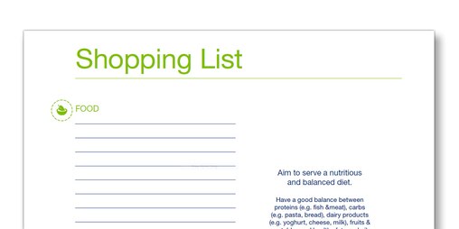 Snap shot of the TENA Family Carer Shopping list template