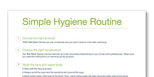 Snap shot of the TENA Family Carer Simple Hygiene Routine template