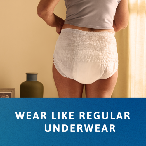 Άτομο που φορά TENA Pants και φαίνεται από την πίσω πλευρά. Η λεζάντα λέει «φοριούνται σαν τα κανονικά εσώρουχα».