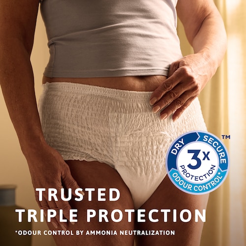 Άτομο που στέκεται όρθιο και φορά το προϊόν TENA Pants. Υπάρχει το εικονίδιο τριπλής προστασίας στην πλαϊνή πλευρά της εικόνας. Η λεζάντα λέει «Αξιόπιστη τριπλή προστασία» 