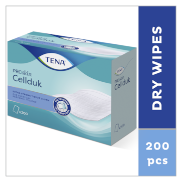 A TENA ProSkin Cellduk egy klasszikus száraz tisztítókendő; ideális megoldás inkontinenciagondozáshoz vagy a teljes testfelület megtisztításához