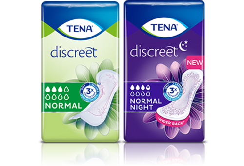 Two packs of incontinence pads against a blue background: TENA Discreet Normal and TENA Discreet Normal Night Two packs of incontinence pads against a blue background: TENA Discreet Normal and TENA Discreet Normal Night