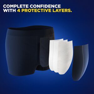 A CGI image of the TENA Men washable underwear showing the different layers of the product. At the top left corner there is a caption saying "complete confidence with 4 protective layers".