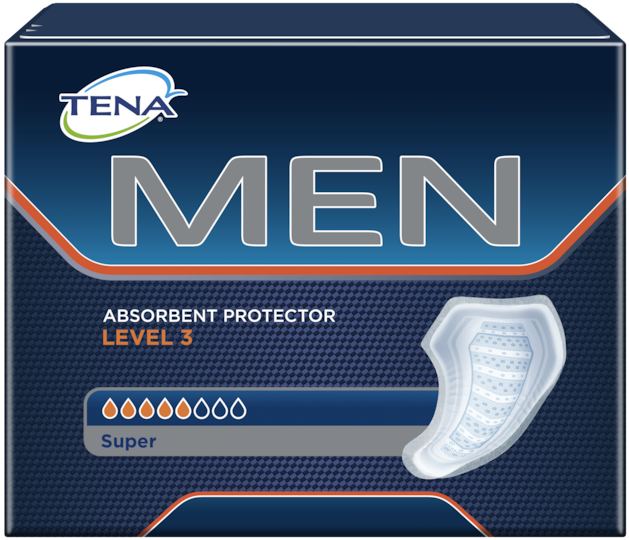 TENA Men Niv�� 3 – extra effektivt skydd för män med större urinläckage och inkontinens. Kan användas dag som natt.
