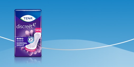 A pack of TENA Discreet Normal Night incontinence pads against a blue background  