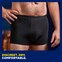 Close up image of a man's lower body seen from the front wearing the TENA washable underwear. The caption at the bottom of the image says "Discreet.Dry.Comfortable".
