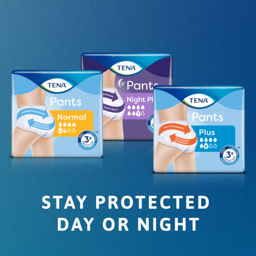 Συσκευασία με το γκάμα των TENA Pants: Normal, Plus και Night Plus. Η λεζάντα λέει «Μείνετε προστατευμένοι. Μέρα και νύχτα».