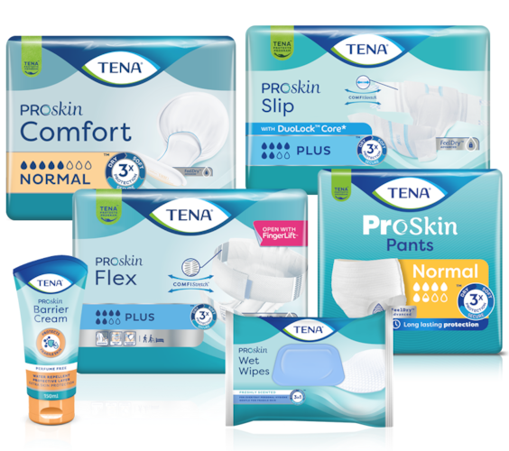 Een afbeelding toont het volledige TENA ProSkin productassortiment, inclusief absorberende en huidverzorgingsproducten.