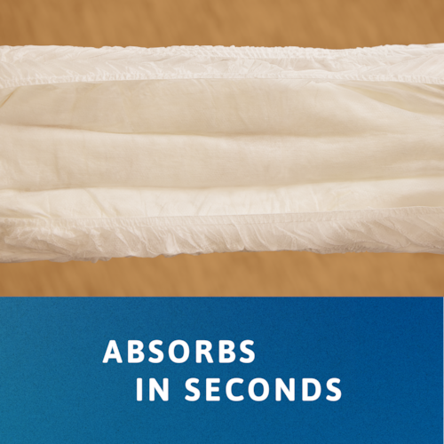 Τα TENA Pants όπως φαίνονται από μέσα ενώ είναι πλήρως τεντωμένα. Η λεζάντα λέει «απορροφά σε δευτερόλεπτα»