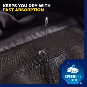 A macro image of a drop falling on the TENA Men Washable underwear. At the right bottom corner of the image there is an icon for the SpeedDry Zone™ and at the left top corner there is a caption saying "keeps you dry with fast absorption".